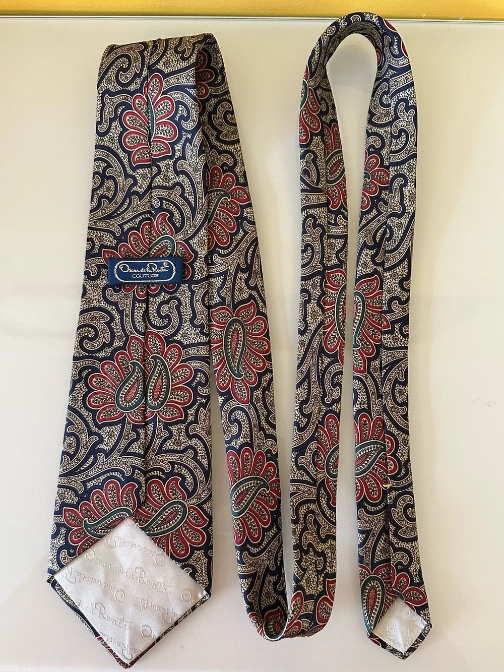 Vintage Oscar de la Renta Couture Silk Neck Tie Paisley Floral in Navy Red Gold